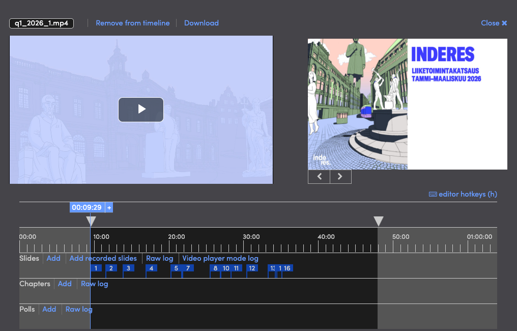 The browser-based recording editor: a clip on the timeline with in and out markers, a slide preview alongside it, and synced Slides, Chapters and Polls tracks below